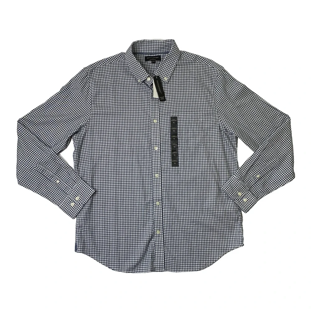 Banana Republic Shirt Mens XL White Navy Slim Fit Untucked Oxford Cotton Check